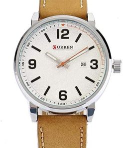 Curren 8218 Leather Round Analog With Date Display Brown, White Watch for Men